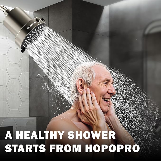 Filtered Shower Head with 5 Modes, HOPOPRO High Pressure Showerhead with Filter, 2-In-1 Fixed Showerhead Filter for Hard Water, Remove 99% Chlorine, Improves Skin Hair Condition (4 Inch BN)