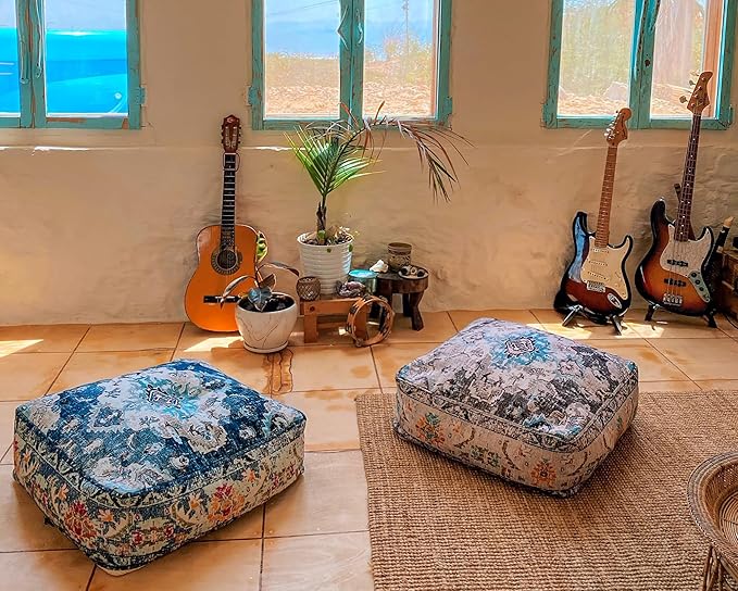 Blue Square Floor Pillow Cover Large Yoga Décor Cushion Moroccan Pouf Ottoman Boho Furniture Perfect for Living Room, Bedroom, Nursary or Children Room Seating Area Beanbag Footstool 24x8 Unstuffed