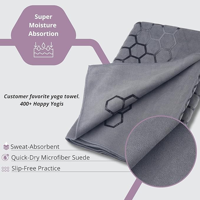 Clever Yoga Hot Yoga Mat Towel – Non-Slip Grip for Hot Yoga, Sweat Absorbent, Honeycomb Silicone Grip, Stays Flat – Ideal for Pilates, Travel, Washable & Lightweight - Gray