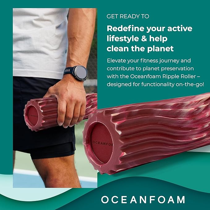 Oceanfoam Ripple Travel Foam Roller (11" x 3.35") Firm Mini Foam Roller for Physical Therapy, Deep Tissue Massage, Back Pain - High Density, Wave Textured - Yoga (Maroon, Blush & Hot Pink Marbled)