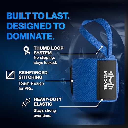 Modvel Adjustable Wrist Wraps for Gym & Lifting – Thick, Breathable Support Straps for Wrist Stability, Comfort & Grip – Ideal for Weight Training, CrossFit & Gym Workouts – Blue/Black (2-Pack)
