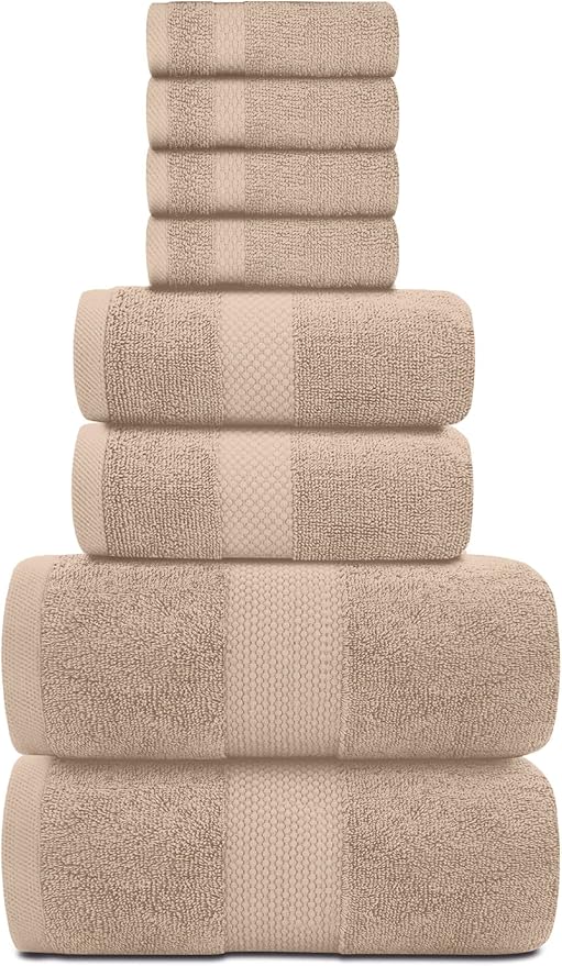 White Classic Luxury Bath Towel Set of 8 Pieces - 100% Turkish Cotton Highly Absorbent Towels for Bathroom, 2 Luxury Bath Towels 700GSM, 2 Hand Towels, 4 Washcloths, Taupe