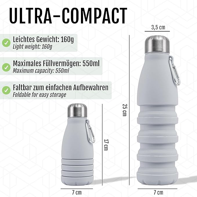 Foldable Drinking Bottle - BPA-free, leak-proof - Ideal festival accessory and practical outdoor companion with carabiner (Grey)