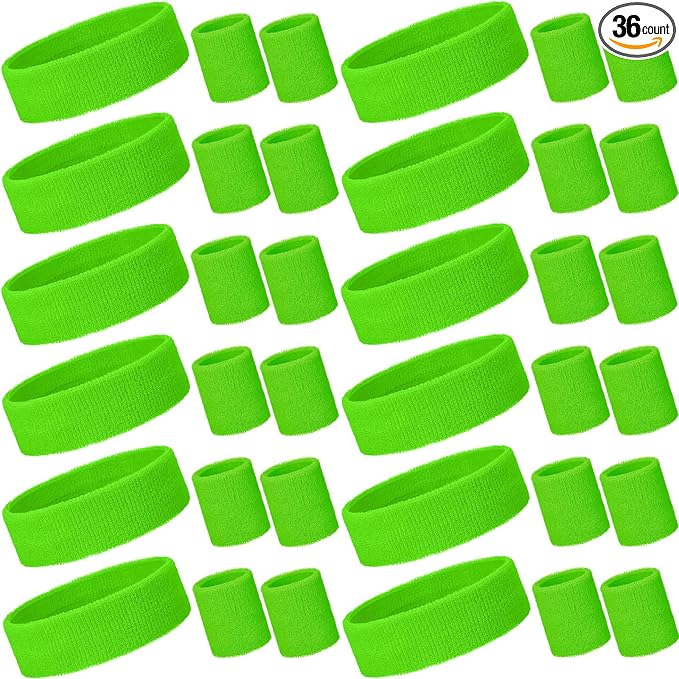 Bememo 36 Pcs Neon Sweatbands Set for Kids Bulk Sports Headband Wristband Set Cotton Terry Basketball Tennis for Students Youth 80s 90s Halloween Costumes Cosplay Glow Party
