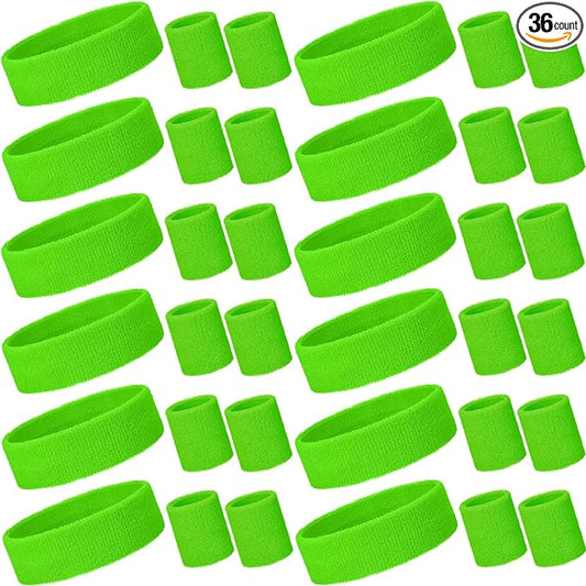 Bememo 36 Pcs Neon Sweatbands Set for Kids Bulk Sports Headband Wristband Set Cotton Terry Basketball Tennis for Students Youth 80s 90s Halloween Costumes Cosplay Glow Party