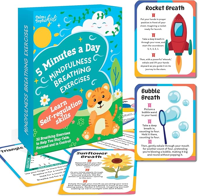 Breathing Cards for Kids – Mindfulness & Calming Corner Kit Must Haves, Yoga & Speech Therapy Materials, Special Education Classroom Office, Social Emotional Learning, Mindful Sensory Play Activities