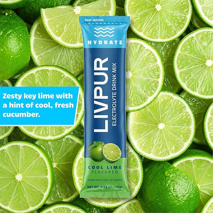 LivPur Electrolyte Drink Mix, Instant Hydration Powder with Vitamin C, B6, B12 & Essential Amino Acids for Muscle Support & Immune Health, Sports Essentials, Cool Lime Flavor, 15 Stick Packs