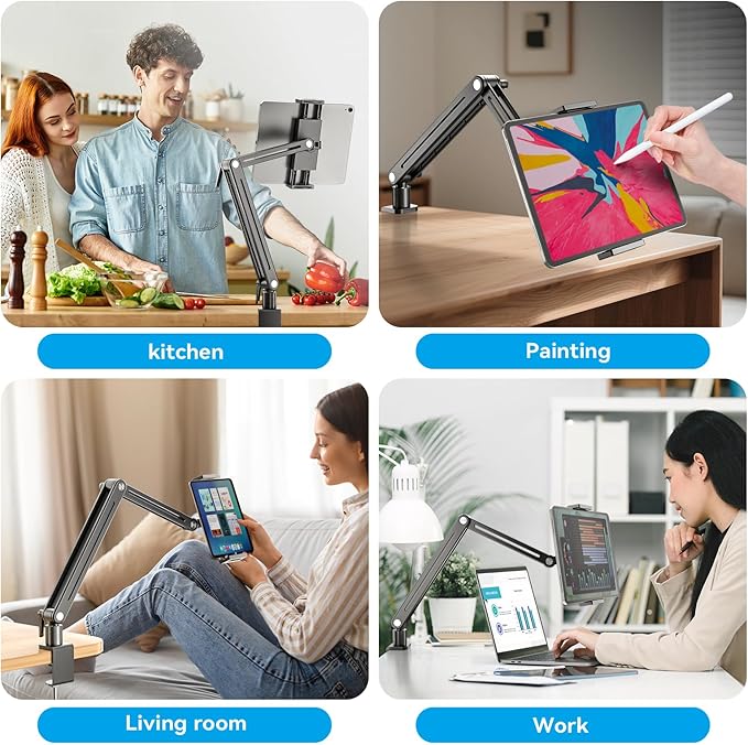 Jakeko Adjustable Tablet Mount for Desk - 360 Degree Rotating Base Tall Arm Holder Stand Swivel Flexible Clamp Soporte para Tablet/Portable Monitor/Ebook