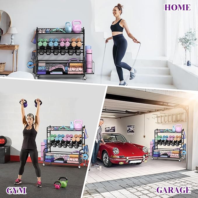 400LBS Dumbbell Rack, VOPEAK Adjustable Weight Rack for Home Gym, Home Gym Storage Rack for Yoga Mat Kettlebells and Strength Training Equipment, Weight Storage Rack for Dumbbells with Wheels