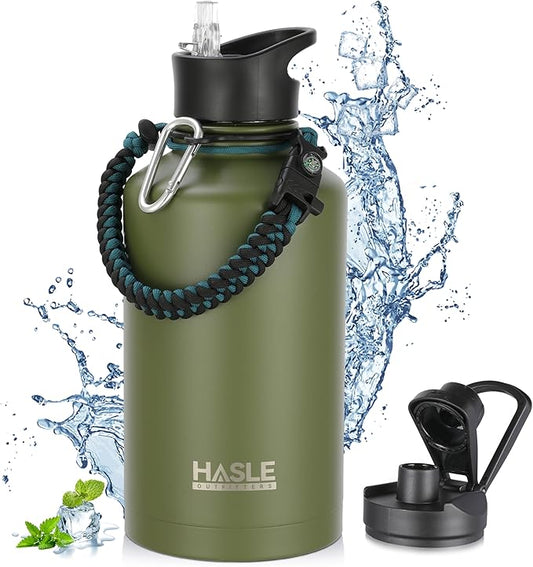 HASLE OUTFITTERS Half Gallon Insulated Water Bottles 64 oz, Stainless Steel Metal Water Jug with 2 Lids Keep Cold 48h/Hot 24h, Leak Proof & BPA-Free Water Flask Jug(Army Green,1)