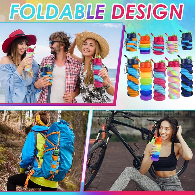5 Pack Collapsible Water Bottles 17 oz Silicone Portable Lightweight Foldable Water Bottle with Carabiner Leakproof Reusable for Travel Camping Hiking Cycling Sport Outdoor(Rainbow)