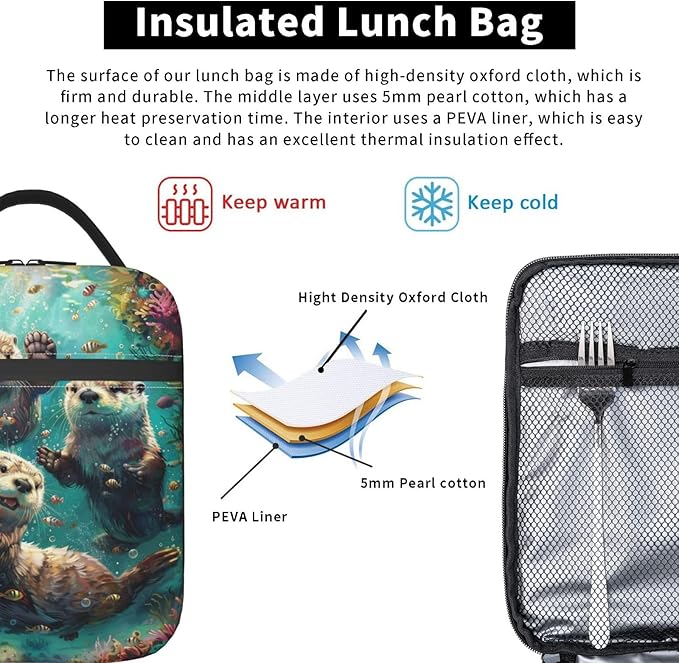 Lunch Box for Women Men, Otters Insulated Lunch Box Reusable Portable Lunch Bag Cooler Tote Waterproof Lunch Container for Office Picnic Work Travel Hiking