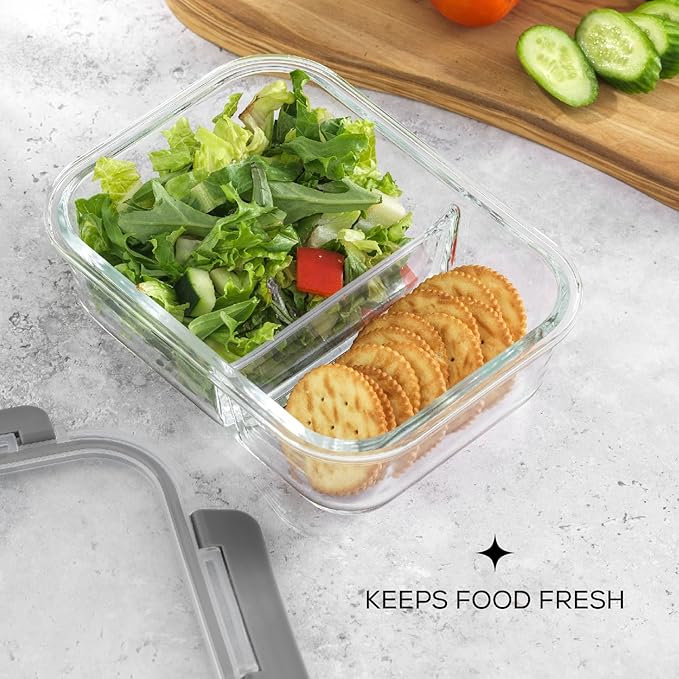 JoyJolt Divided Food Storage Containers with Lids Airtight. 5 Pack Glass Meal Prep Containers 2 Compartment Set Glass Bento Box. Reusable Food Containers, Portion Control Containers for Weight Loss