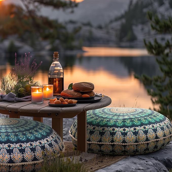 Codi Meditation Floor Pillow, Round Large Pillows Seating for Adults, Bohemian Mandala Circle Cushion for Outdoor Fireplace Yoga Living Room, 32 Inch, Memory Foam Added, Green