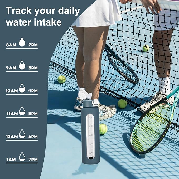 32 oz Glass Water Bottle with 2 Lids-Handle Spout Lid & Straw Lid, 1 Liter Motivational Borosilicate Water Bottle with Time Marker and Silicone Sleeve,Leakproof-Dark Blue-1 Pack