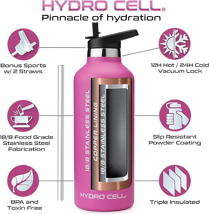 HYDRO CELL Stainless Steel Water Bottle with Straw & 2 Standard Mouth Lids (32oz 24oz 20oz 16oz) Keeps Liquids Hot or Cold w/Double Wall Vacuum Insulated Leak Proof Sport Design (Fuchsia 32oz)