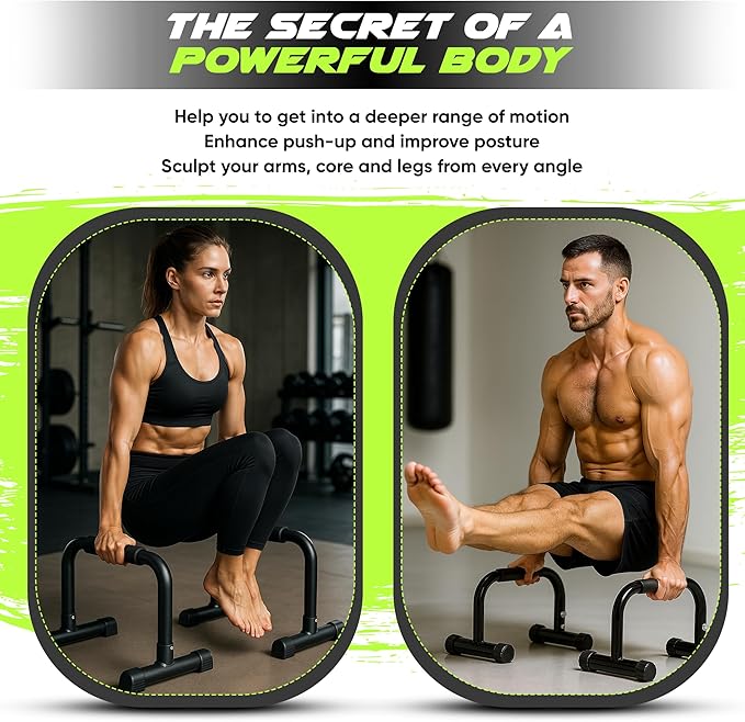 Push Up Bar for strength traning, Heavy Duty Steel Parallettes with Non Slip Handles, Stable Pushup Stands for Dips, Handstands & Calisthenics, 11.8in High x 17.9in Wide, Home Workout equipment