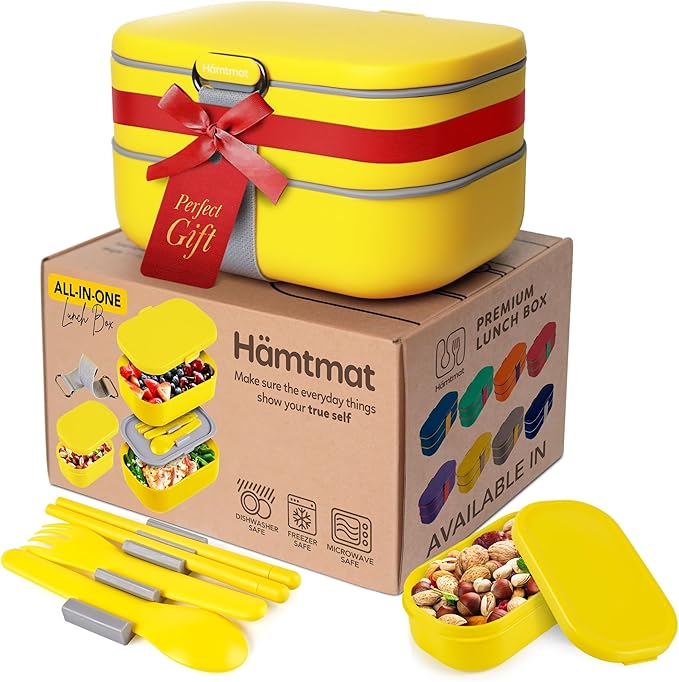 Insulated Stackable Bento Box for Adults with Reusable Chopsticks Japanese Lunch Box Microwavable & Leak Proof Lunch Containers for Men & Women Modern Cute Food Container with Compartments (Yellow)