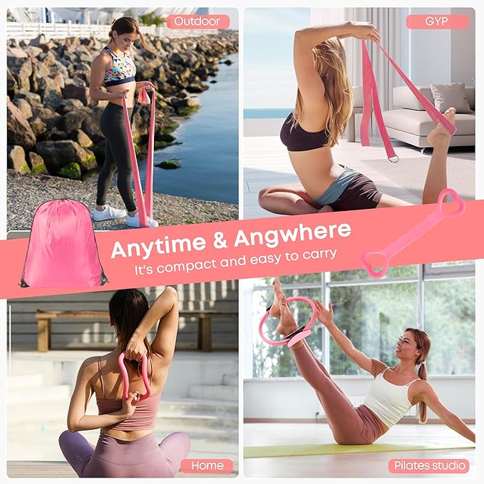 13 Pcs Pilates Essentials Kit for Women, Home Workout Equipment Set with 9.8” Ball, Magic Circle, Accessories, Perfect for Beginners to Toning & Fitness, Pink