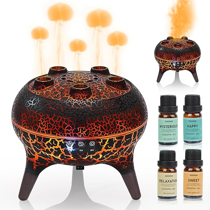 BOHOFAM Jellyfish Essential Oil Diffuser 250ML,Aroma Diffuser Hears Sound to Spray Dancing Jellyfish Mist,7 Colorful Lights, 4 * 10ML Hotel Collection Diffuser Oils Scents for Home Bedroom(Black)