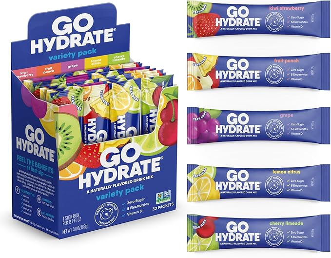GoHydrate Low Sodium Electrolytes Powder Packets Sugar Free - Instant Hydration Daily Drink Mix - Zero Sugar Water Flavor Packet Singles with Vitamin D - (Variety Pack, 30 Packs)