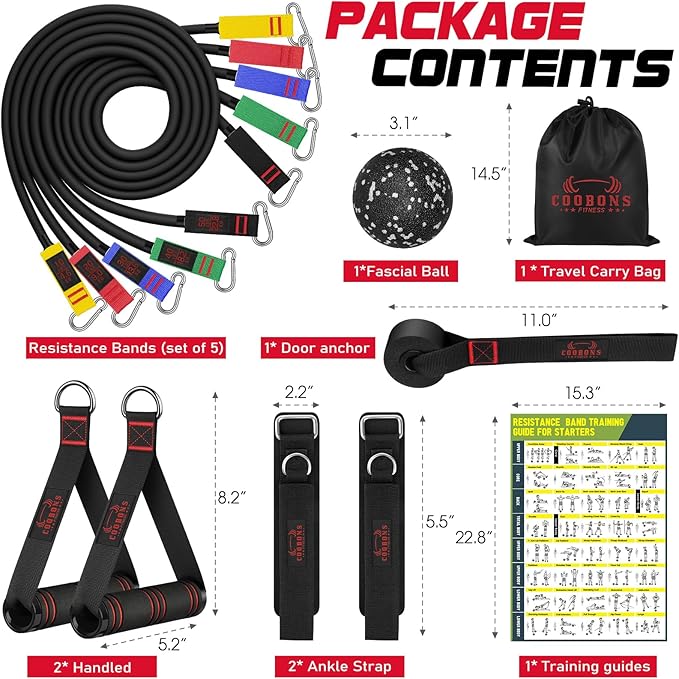 Resistance Bands with Handles, 175lb Exercise Bands for Working Out, Fitness Bands, Workout Bands with Door Anchor and Ankle Straps, Physical Therapy, Yoga, Strength Training Home Gym Equipment