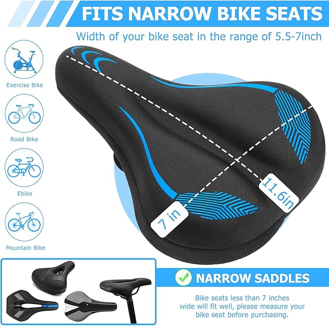 Gel Bike Seat Cushion, Soft Gel Padded Bicycle Seat Cover for Men & Women Comfort, Extra Padding Cycle Seat Cushion for Peloton, Stationary Exercise Bike, Beach Cruiser, Ebike, MTB, Road Bicycle