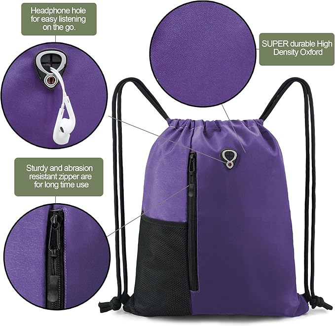 BeeGreen Dark Purple Drawstring Backpack Gym Bag For Men & Women – Sports Sackpack with Mesh Water Bottle Holder & 2 Zippered Pockets – Large 16x20 Inch Cinch String Backpack
