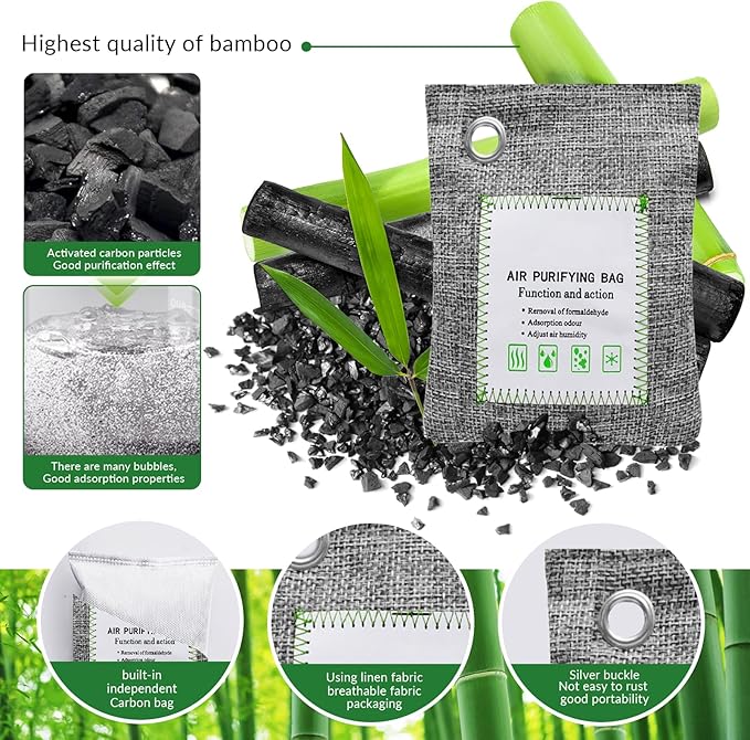 4 Pack charcoal odor absorber,Bamboo Charcoals Air Purifying Bag Charcoals Deodorizer Eliminator for Strong Odors in Car, Closet, Shoe, Basement (100G*4 Pack Gray-3, Unscented)