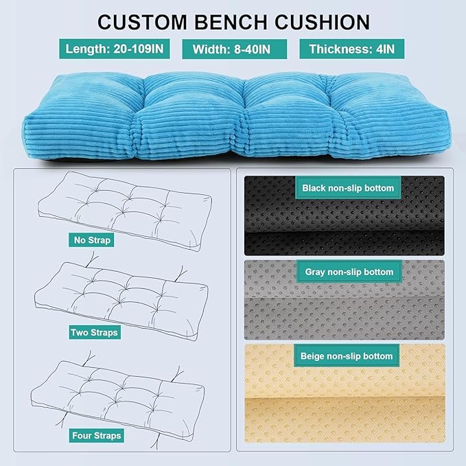 Custom Tufted Bench Cushion - Custom Size and Color, Premium Fabric for Indoor & Outdoor Patio Porch Swing Cushions Bay Window Sofa Garden Cushion, Non-Slip Bottom, Piping, 70D High-Density Spong