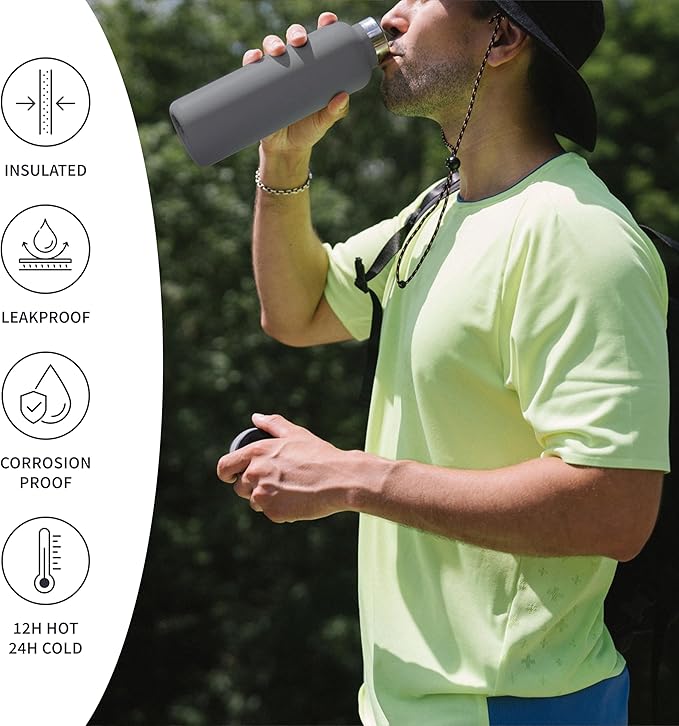 Bambaw Vacuum Insulated Water Bottle 12 oz, Gray Insulated Water Bottle with Handle, Stainless Steel Water Bottle, Reusable Metal Water Bottle No Straw – Stormy Gray