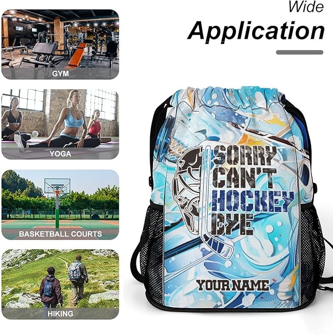 Custom Hockey Drawstring Backpack - Cool Cinch Sack, String Backpacks with Pocket for Kids Women Men Boys Girls for Gym Outdoor Sports Travel Athletic Drawstring Bag - Lightweight/Foldable