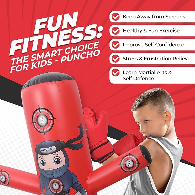 PUNCHO Punching Bag for Kids: 63" Kids Punching Bags 3-8 with Gloves, Pump, PUNCHO eBook - Kid Boxing Bag Set & Birthday Gift - Inflatable Punching Bag for Kid 8-12 with 5 Targets - Boxeo para Niños