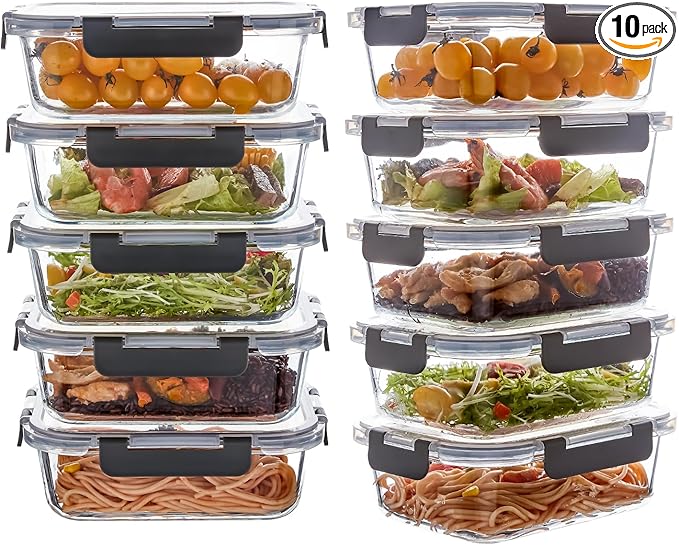 10 Pack 22 oz Glass Meal Prep Containers, Glass Food Storage Containers with Lids, Reusable Airtight Leakproof Lunch Bento Boxes Freezer, Microwave Oven and Dishwasher, Gray