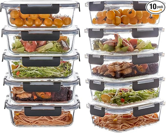 10 Pack 22 oz Glass Meal Prep Containers, Glass Food Storage Containers with Lids, Reusable Airtight Leakproof Lunch Bento Boxes Freezer, Microwave Oven and Dishwasher, Gray