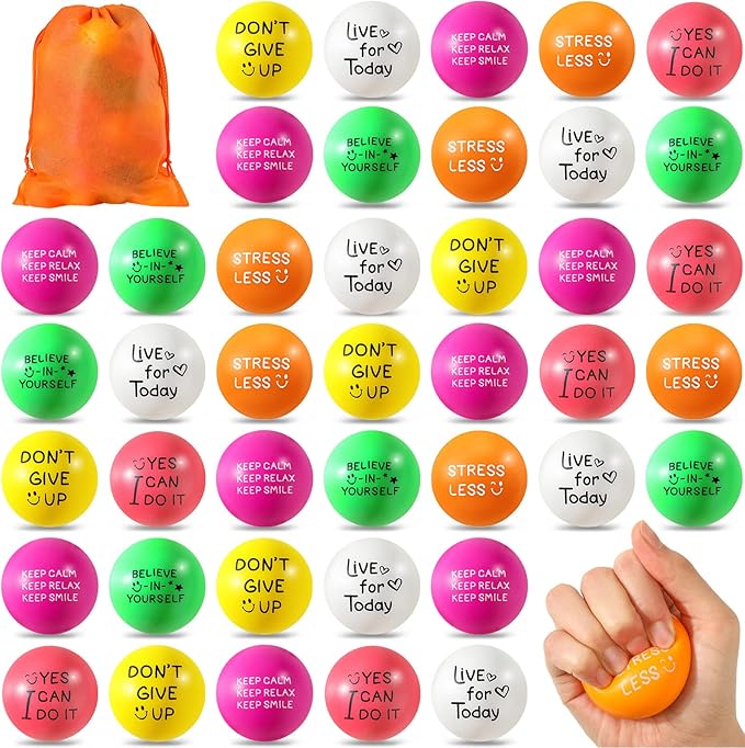 Wettarn 60 Pcs Motivational Stress Balls for Adults with Drawstring Bag 1.97" Inspirational Encouraging Anxiety Stress Relief Foam Ball with Quote Hand Exercise Squeeze Accessory(Bright Colors)