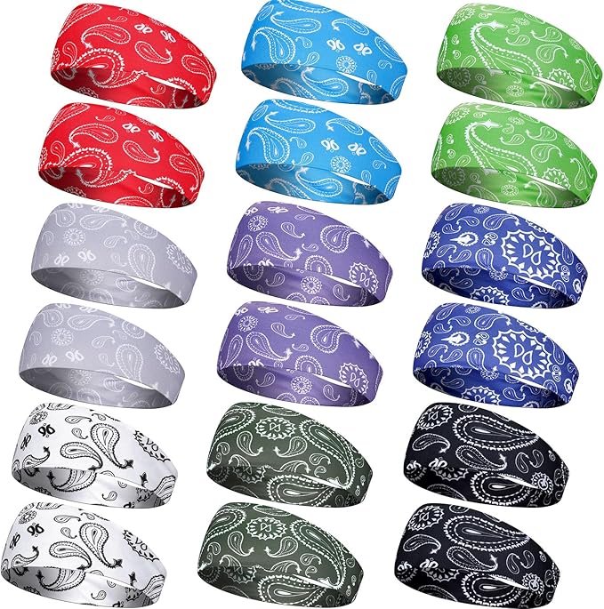 18 Pcs Sports Sweatbands for Men Women Camo Headbands Workout Non Slip Headbands Breathable Head Band Fitness Stretchy Unisex Hairband for Yoga Running Cycling Ball