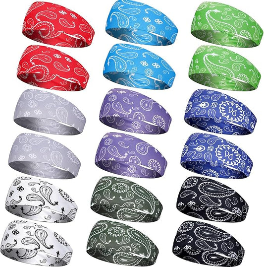 18 Pcs Sports Sweatbands for Men Women Camo Headbands Workout Non Slip Headbands Breathable Head Band Fitness Stretchy Unisex Hairband for Yoga Running Cycling Ball