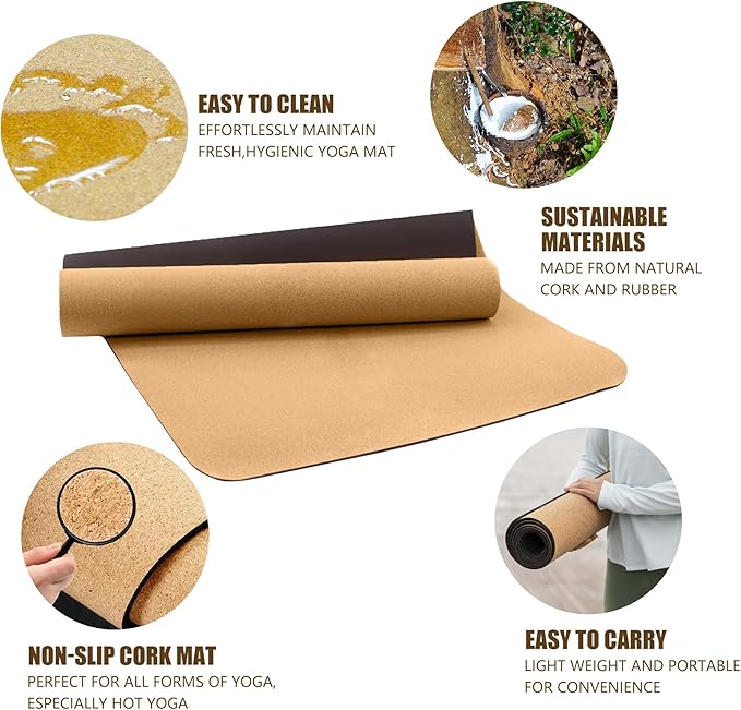 Cork Yoga Mat, with Cork Material as The Front and TPE as The Bottom of The Non-Slip Fitness Mat, Suitable for All Types of Yoga and Fitness Activities.