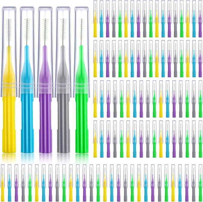 100 Pieces Braces Brush for Cleaner Interdental Brush Toothpick Dental Flossing Head Oral Hygiene Flosser Tooth Cleaning Tool (Light Blue, Yellow, Gray, Purple, Green)