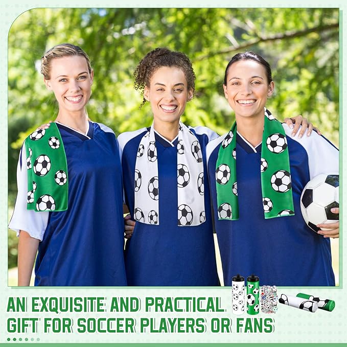 12 Pcs Soccer Water Bottle Soccer Cooling Towel Set with 50 Sticker Sports Party Favors Include 6 Reusable Sports Squeeze Water Bottle 6 Ice Towel Breathable Fast Drying for Team Gifts
