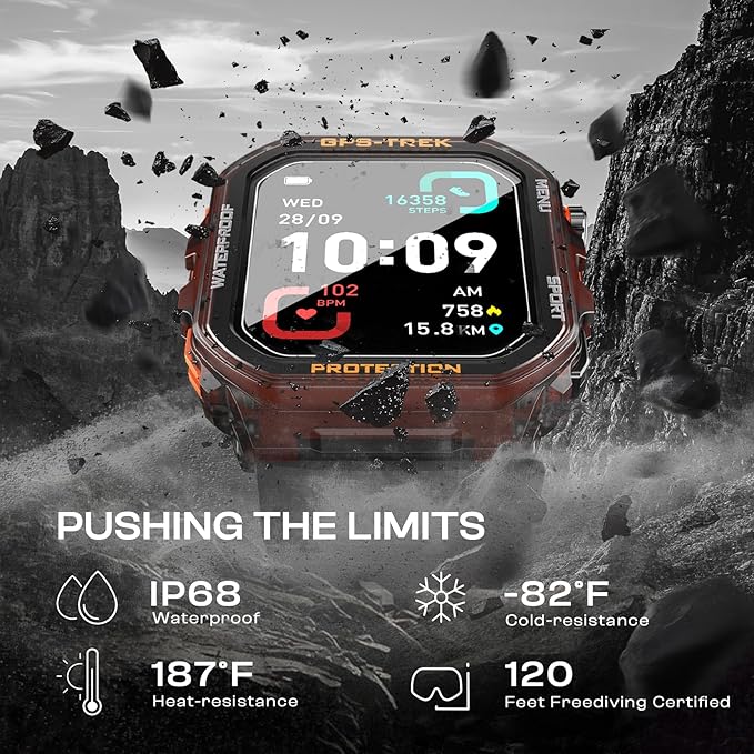 GPS Running Watch, Rugged Military Smart Watch, IP68, Long Battery Life, Multi-GNSS Support, Tracback Routing and More, Training Metrics and Recovery Insights, Answer/Make Call