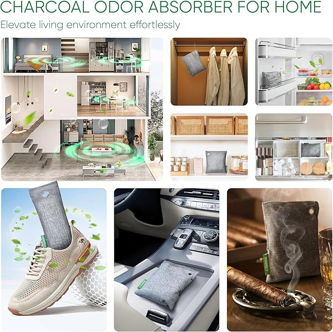Activated Charcoal Odor Absorber, Odor Eliminator for Strong Odor,Bamboo Charcoal Air Purifying Bags for Home Car Closet Pet, Smoke Room Deodorizer (12 Packs, Unscented)