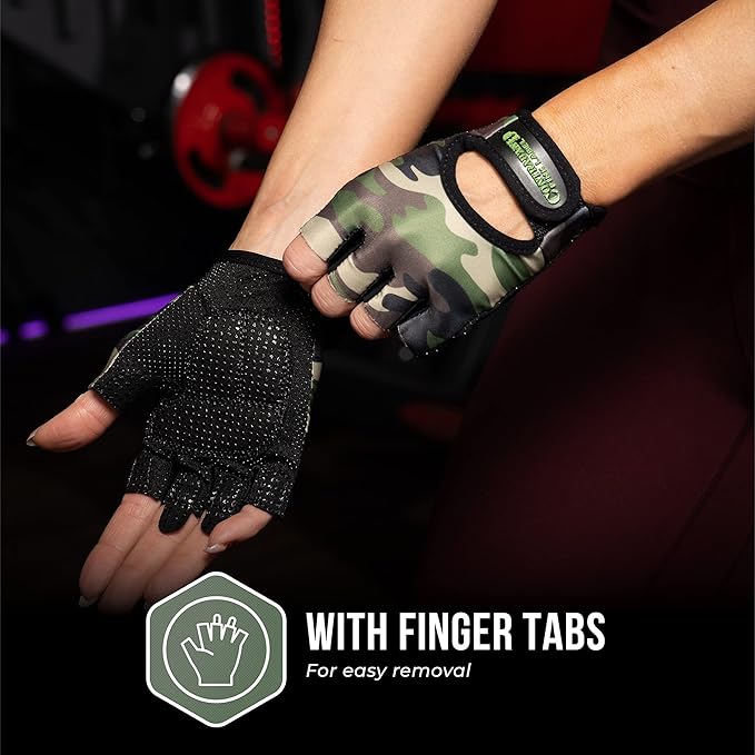 5217 Women's Design Series Camo Print Lifting and Rowing Gloves (Pair) - Lightweight Vegan Medium Padded Microfiber Amara Leather w/Griplock Silicone