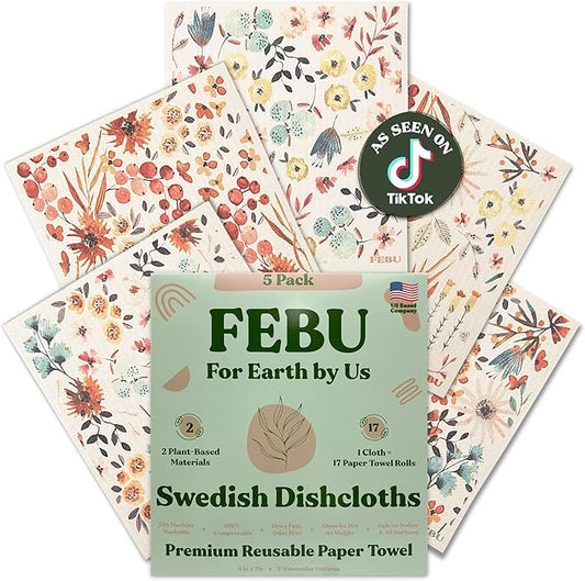 FEBU Swedish Dishcloths for Kitchen | 5 Pack Watercolor Reusable Paper Towels Washable | Swedish Dish Towels | Non-Scratch Cellulose Sponge Cloths | No Odor, Biodegradable Cleaning Cloths