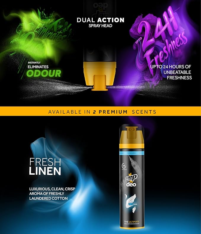 Crep Protect Shoe Deodorizer Spray - Shoe Smell Eliminator Delivers 24-Hour Odor Protection, Residue-Free Formula for All Sneakers, Refreshing Scent (Fresh Linen, Vanquish, 5.07oz)
