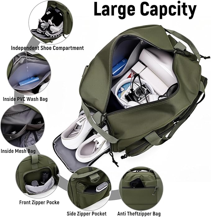 Duffle Bag for Men Women, Gym Bags & Tactical Duffle Bag with Shoe Compartment, Weekender Overnight Bag for Travel Workout, ArmyGreen