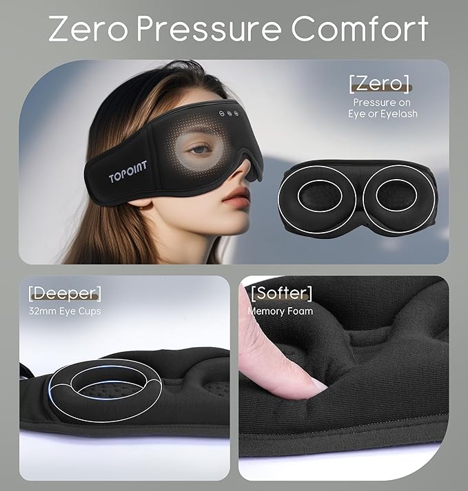 Sleep Mask with Headphones Bluetooth 5.4, TOPOINT 3D Eye Mask Blackout with Soft Bamboo Cotton for Side Sleepers Women Men, Sleep Headphones Earphones HD Speaker Microphone for Travel Meditation Gift