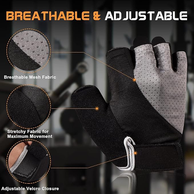 Sunnex Gym Gloves - Fingerless, Breathable Workout Gloves for Weightlifting, Cycling & More