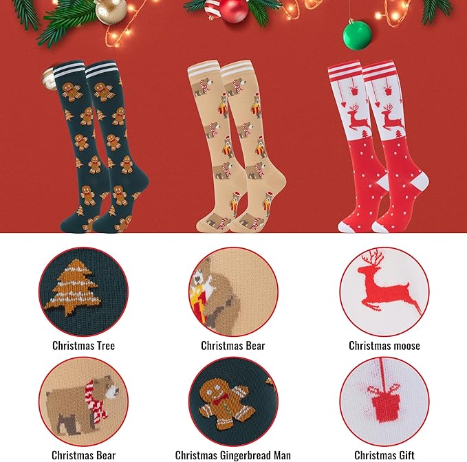 fenglaoda Compression Socks for Women Men Knee High 3 Pairs Support for Nurses, Travel, Circulation, Athletic, Pregnancy